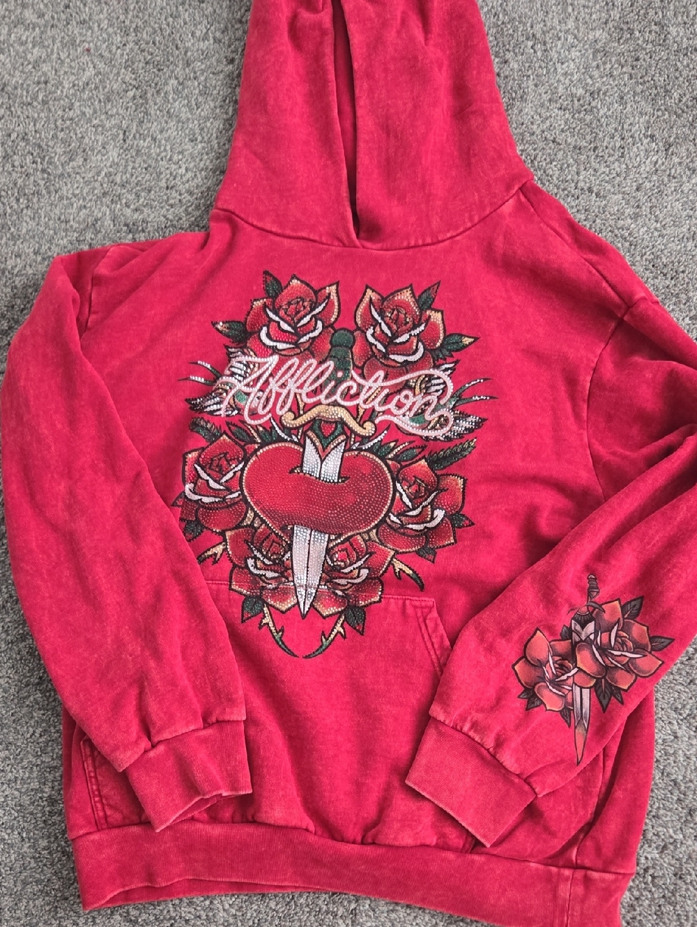 Affliction Red Graphic Scoop-Neck Hoodie Sweater with Heart & Roses